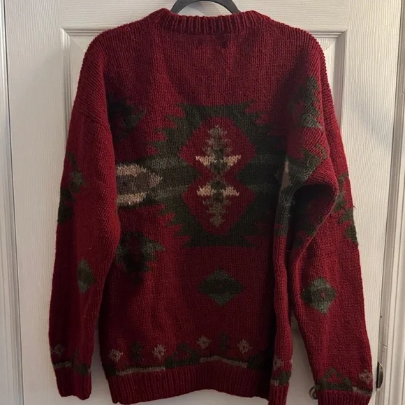 Men's Red Aztec Pattern Wool Sweater Vintage Eddie Bauer - Picture 4 of 4